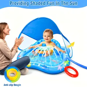 Baby Pool Float with Sun Shade Canopy - Inflatable Water Play Mat with Sprinkler, Marine Theme, Backyard Summer Toy for Toddlers