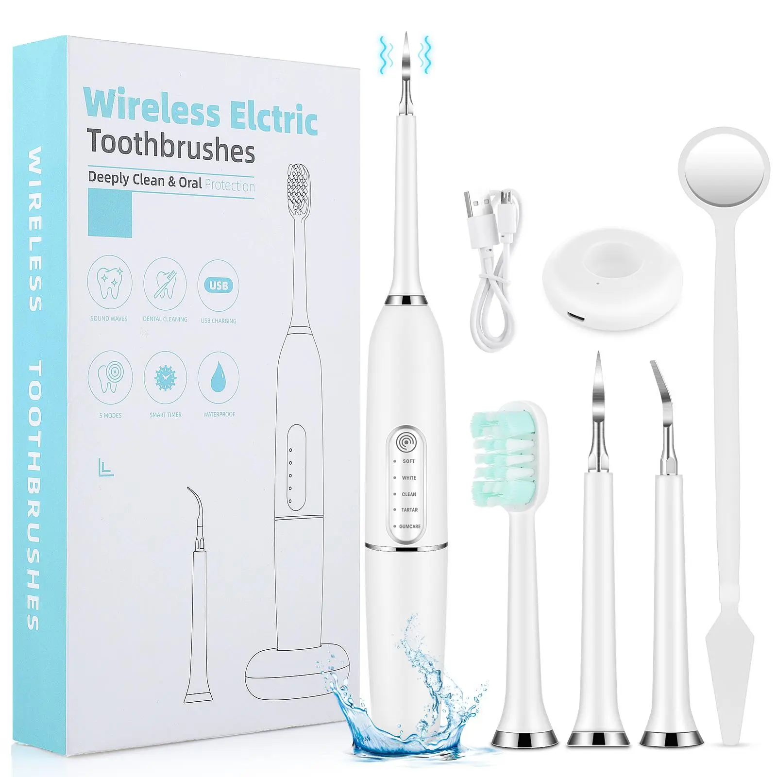 Electric Toothbrush and Calculus Scaler Kit, Rechargeable Teeth Cleaning Tool with 5 Modes, IPX7 Waterproof Dental Care for Adults, Abs, Yes, 5Gears Mode, Kit Set, 500Mah