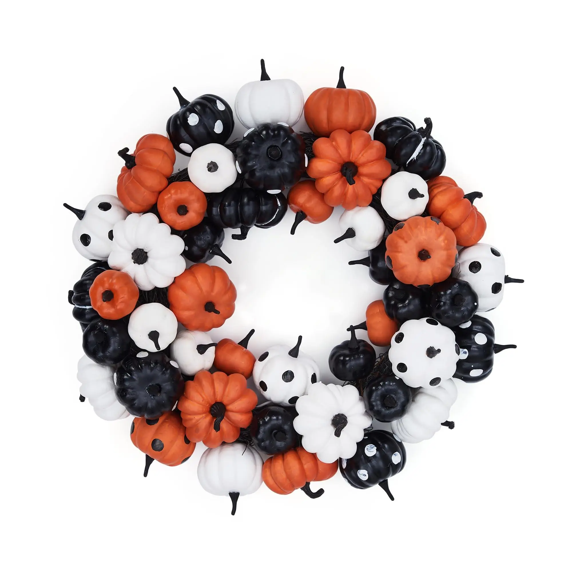 Halloween Pumpkin Wreath, 18 Inch Fall Wreath for Front Door with Orange, Black and White Pumpkins, Rattan Bottom Thanksgiving Indoor Outdoor Home Party Decor