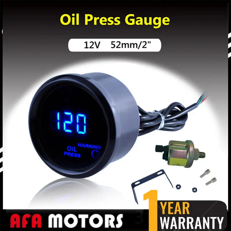 AFA Motors 2" (52mm) Oil Press Pressure Gauge Kit, Black Smoked Lens Digital LED Display, 12V Durable Aluminum, High Precision °F Water Gauge, Vehicle Mounting Hardware & Sensor for Car/Truck Mechanics