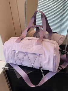 Simple large capacity cylindrical shoulder bag, Traveling Bag with mesh drawstring design, double handle embellishment, adjustable shoulder strap, gentle color tone, suitable for fitness commuting and short distance travel, Travel essentials