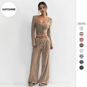 KatchMe Women's Leisure Square Neck Stripe Long Sleeve Crop Top & Low-Rise Wide Leg Trousers Co-ord, Lady Two Piece Outfits, Casual Going Out Set