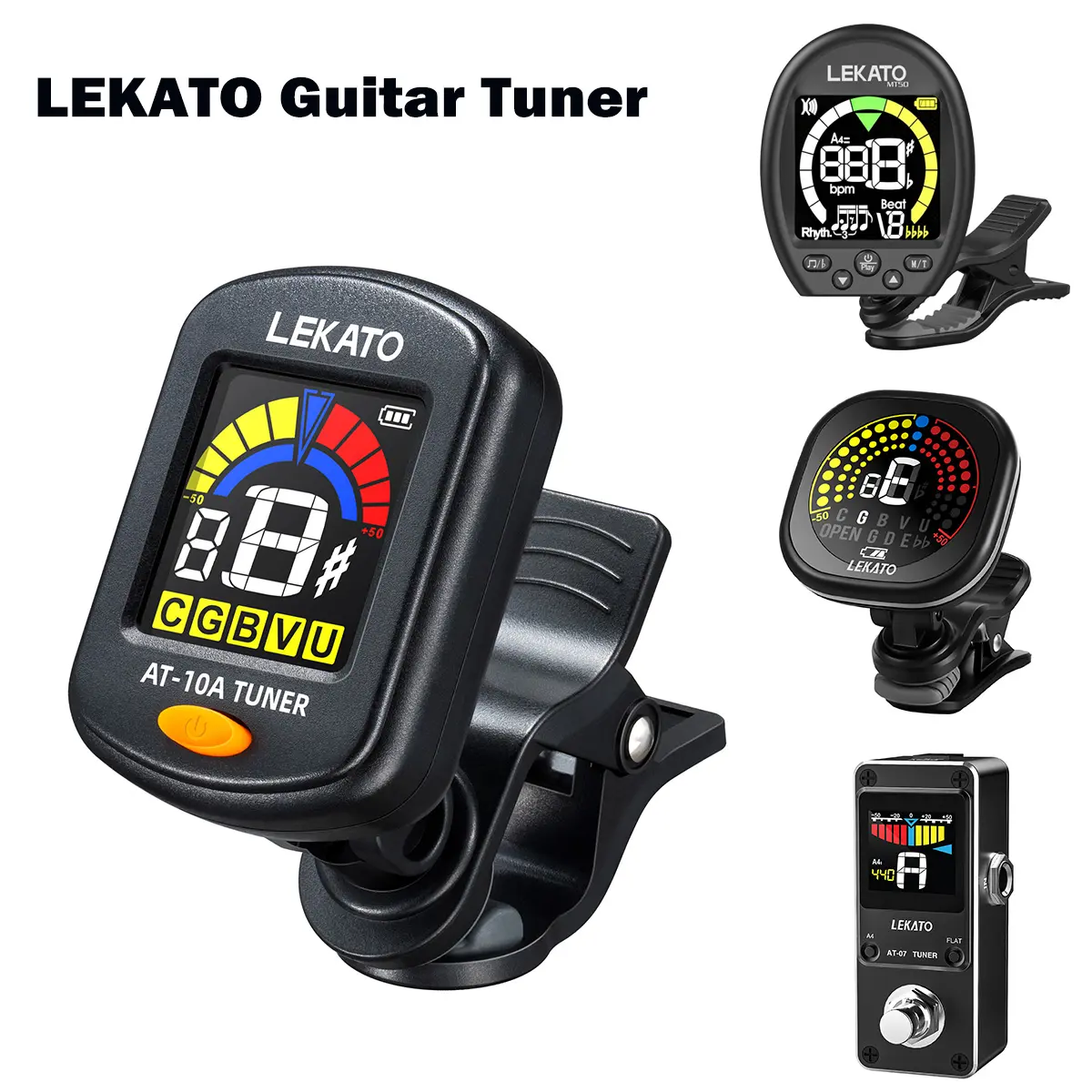 LEKATO Guitar Tuner, LCD Color Screen Clip On for Acoustic Electric Guitar Bass,Ukulele Violin,Chromatic Tuning Modes,Rechargeable Digital Tuner for Stringed Instruments