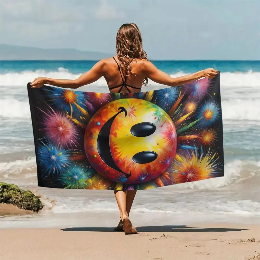 Emoji Face Pattern Beach Towel, Soft Absorbent Towel for Swimming, Bathing, Camping Beach Essentials, Portable Towel for Women & Men