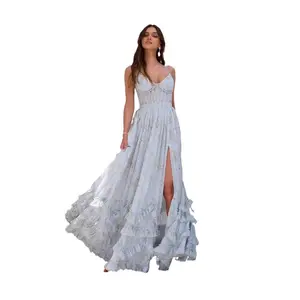 Beautiful Unique Halter Dress for Seaside Vacations Stylish Waist Cinching Long Dress for Women New Summer Style Casual Womenswear Formal Fitted Blue Floral Polyester Spaghetti Strap