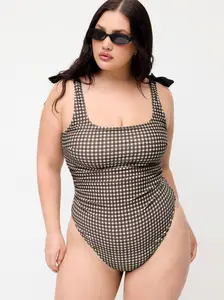 Shaping Gingham Bowknot Ruched One Piece Swimsuit Curve & Plus
