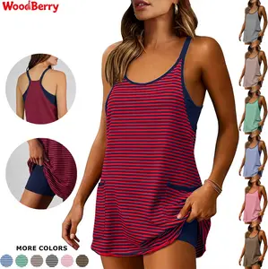 WoodBerry Women's Sleeveless V-Neck Striped Summer Athletic Dress - Built-in Shorts, Pockets, Ideal for Tennis Attire, Workout Exercise summerwins