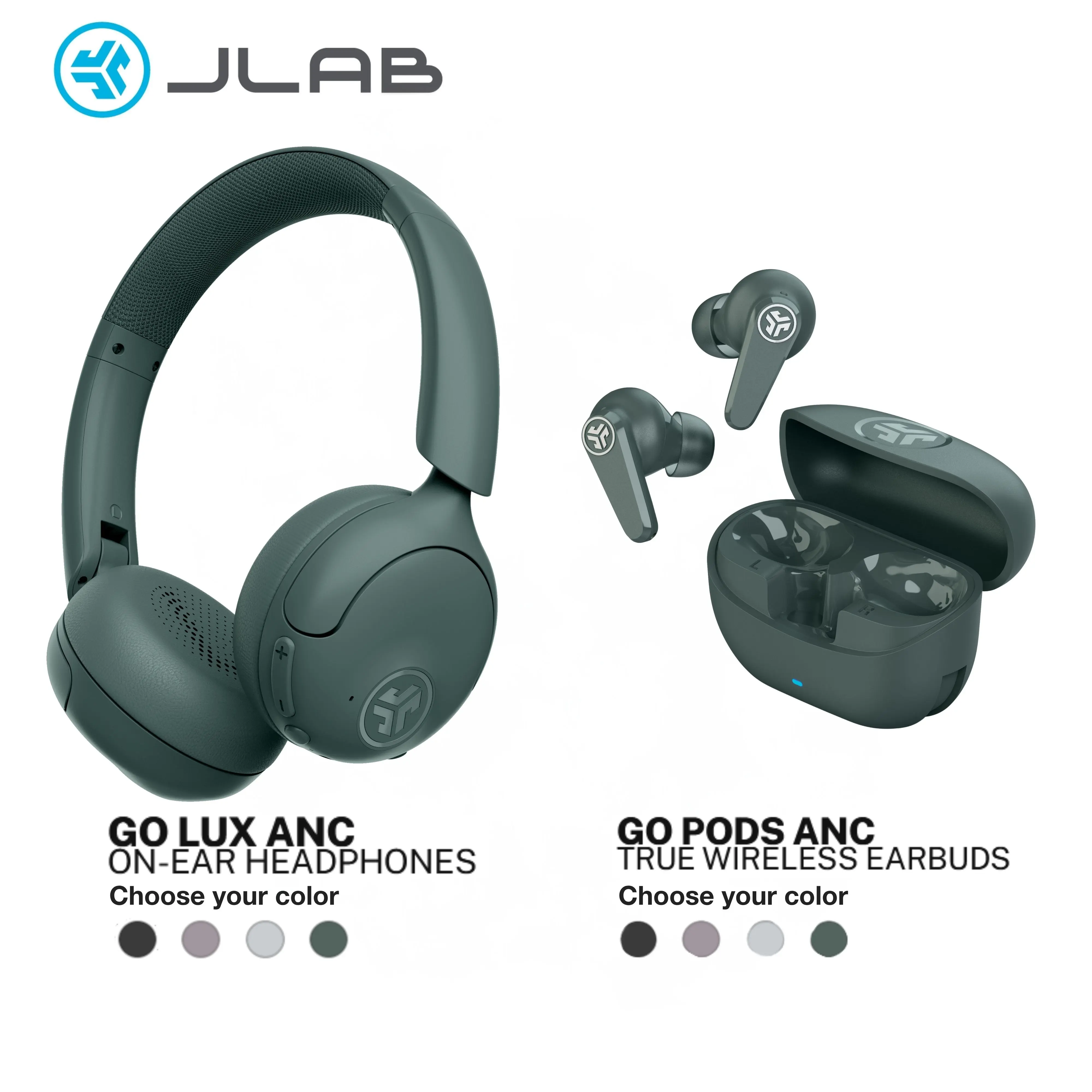 {Your Choice Bundle} JLab Go Lux ANC Over Ear Headphones + Go Pods ANC True Wireless Earbuds Bundle - Hybrid Noise Canceling Bluetooth 70Hr Playtime IP55 Spatial Audio