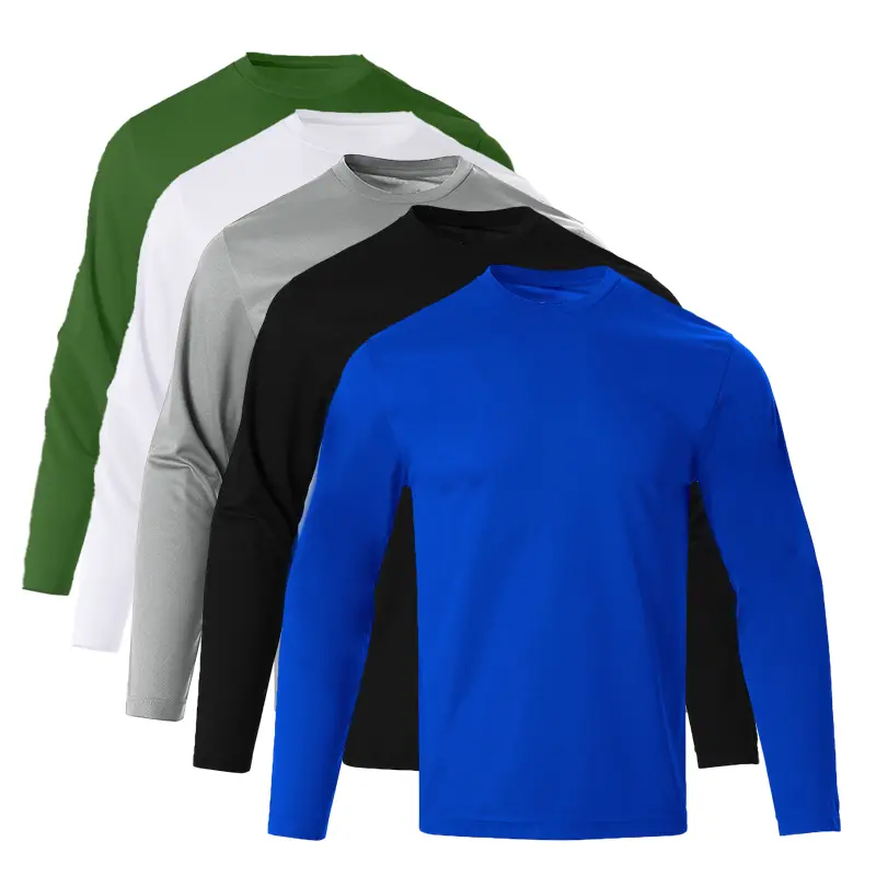 Men's 5-Pack Fitted Quick-Dry Breathable Wear Polyester Sports Round Neck Long-Sleeved T-Shirts - Lightweight, Solid-Color, Slight Elasticity, UV-Protective Athletic Tops for Running, Casual Wear