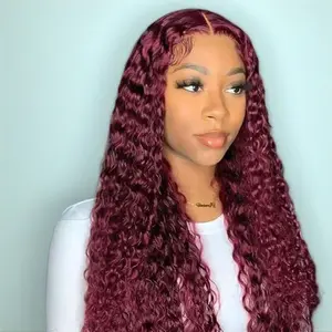 Cherry Burgundy Colored 200% Density Deep Wave 13x6 Full Frontal HD Lace Front 99J Burgundy Curly Wave Human Hair Wigs For Women