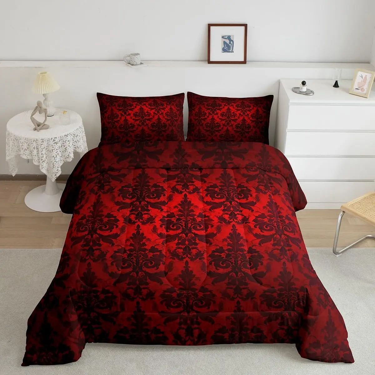 Feelyou Gothic Microfiber Complete Bedding Set - Victorian Black Damask Baroque Floral Bedspread, Red Bohemian Dark Elegance Decorative Bedsheet Set for Home Soft Furnishings, Complete Bedding Sets, Bedspread Set