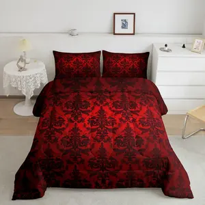 Gothic Bedding Set,- Victorian Black Damask Vintage Baroque Goth Floral Comforter,Bohemian Decor Red