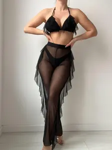 Women's Contrast Lace Sheer Bikini Swimsuit, Swimsuit Style Bikini, Casual Halter Triangle Top & High Cut Swim Bottom & Ruffle Trim Cover Up Pants, Ladies Summer Beach Swimsuit, Halter Neck Swimwear, Halter Bikinis Set