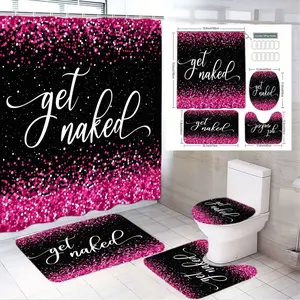 1/4pcs Pink & Black 'Get Naked' Bathroom Set, Shower Curtain with Confetti, Matching Toilet Seat Cover, 2 Bath Mats - Glamorous Playful Decor for Birthday, Party, Bridal Shower, Housewarming Gift