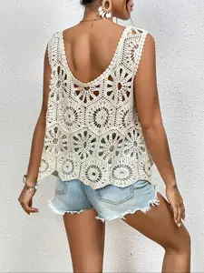 Women's Hollow Out Cover Up Tank Top, Casual Backless Top, Casual Sleeveless Top for Spring & Fall, Ladies Clothes for Beach Holiday Vacation, Minimalist Casual Sleeveless, Crochet Camisole