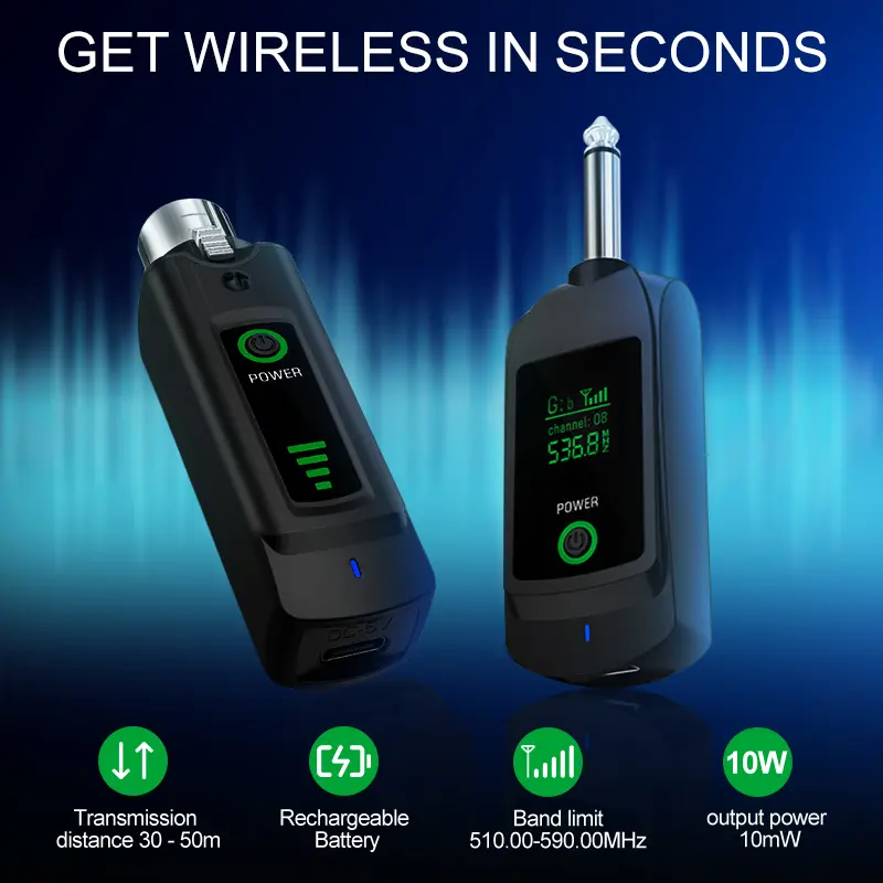 Kaschun UHF Band Wireless Microphone System - Durable Portable Compact with LCD Display, Rechargeable XLR/Plug Transmitter Receiver, USB Type-C Charging Support, Compatible for Dynamic Mics, Guitars, Audio Mixers, Wedding Use, 510.00-590.00Mhz