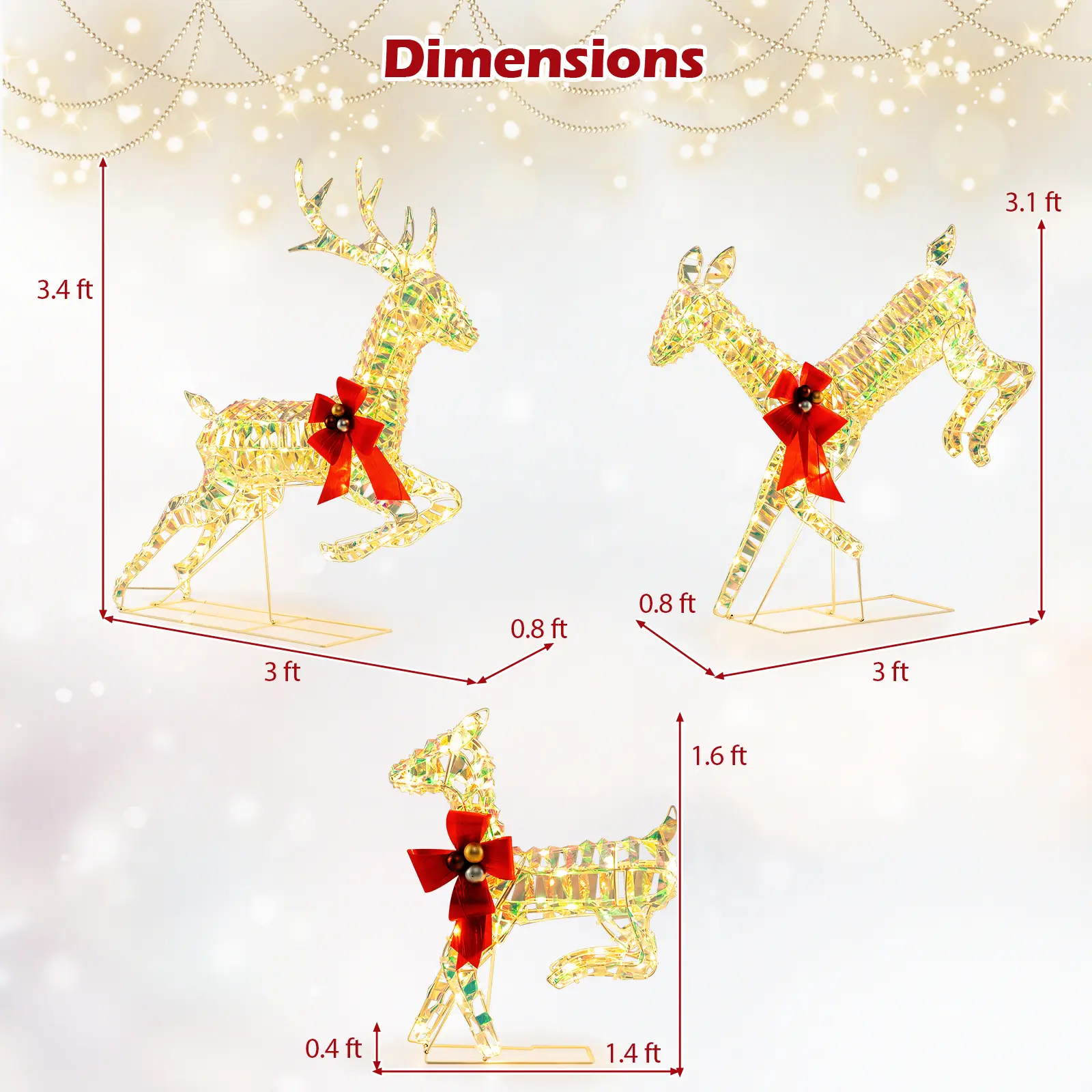 COSTWAY - 3-Piece Lighted Christmas Reindeer Family with LED Lights and Bows