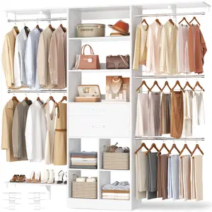 Small Closet System - 5FT Closet Organizer System with Wooden Drawers, 60 Inches Walk In Closet System With 5 Hanging Rods, Can Fit 1.58 to 6.8 FT with Reversible Hanging Shelving
