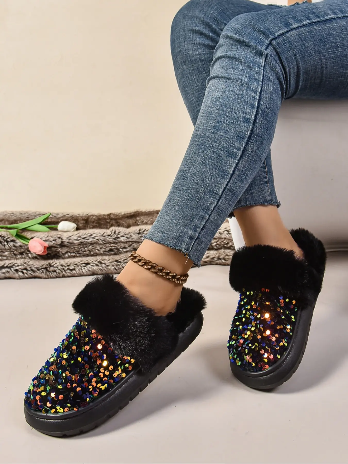 Women's Fashion Sequined Faux Fur Slippers, Warm Indoor Winter Shoes, Soft Sole, Casual Style, All Seasons Wear, Fuzzy Warm Slippers, Trendy Casual Slippers, Affordable Slippers, Home Slippers