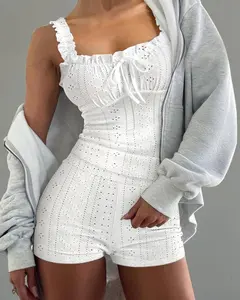 ChicMe Women's 2 Pieces Outfit Square Neck Frill Straps Tied Detail Cami Top and Elastic Waist Shorts Set Slim Fit Hollow-out Jacquard Textured Knit Pajamas Set