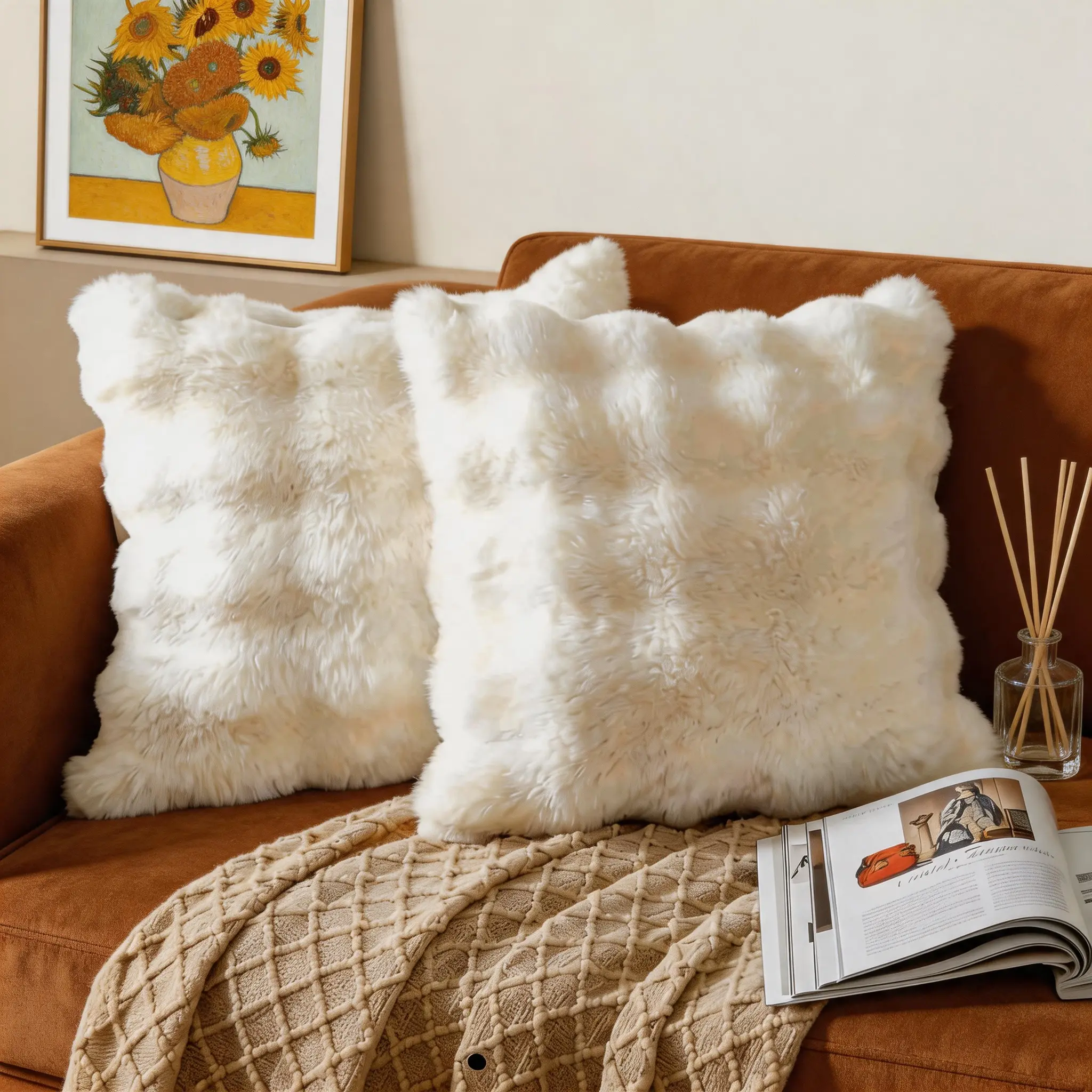 Thick Faux Rabbit Fur Throw Pillow Cover Only, Soft Plush Decorative Sofa Cushion Cover, Fluffy Faux Fur Seat Cushion Cover for Living Room Bedroom Room Decor Soft Cushions