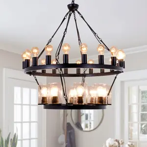 Black Wagon Wheel Chandelier, 2 Tier Farmhouse Chandeliers for Dining Room Light Fixture, 28-Lights 30 Inch Extra Large Chandelier for High Ceilings Living Room Kitchen Island Foyer Villa