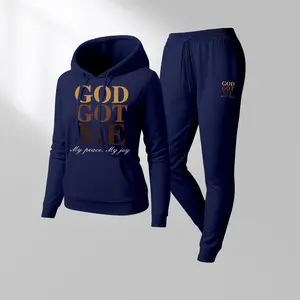 Women's God Got Me Cartoon Print Hoodie And Drawstring Track Pants Set, Casual Sportswear, Long-Sleeved Hooded Jacket And Pants, Suitable For Autumn And Winter, Everyday Wear, Indoor And Outdoor Sportswear, Casual Sportswear.