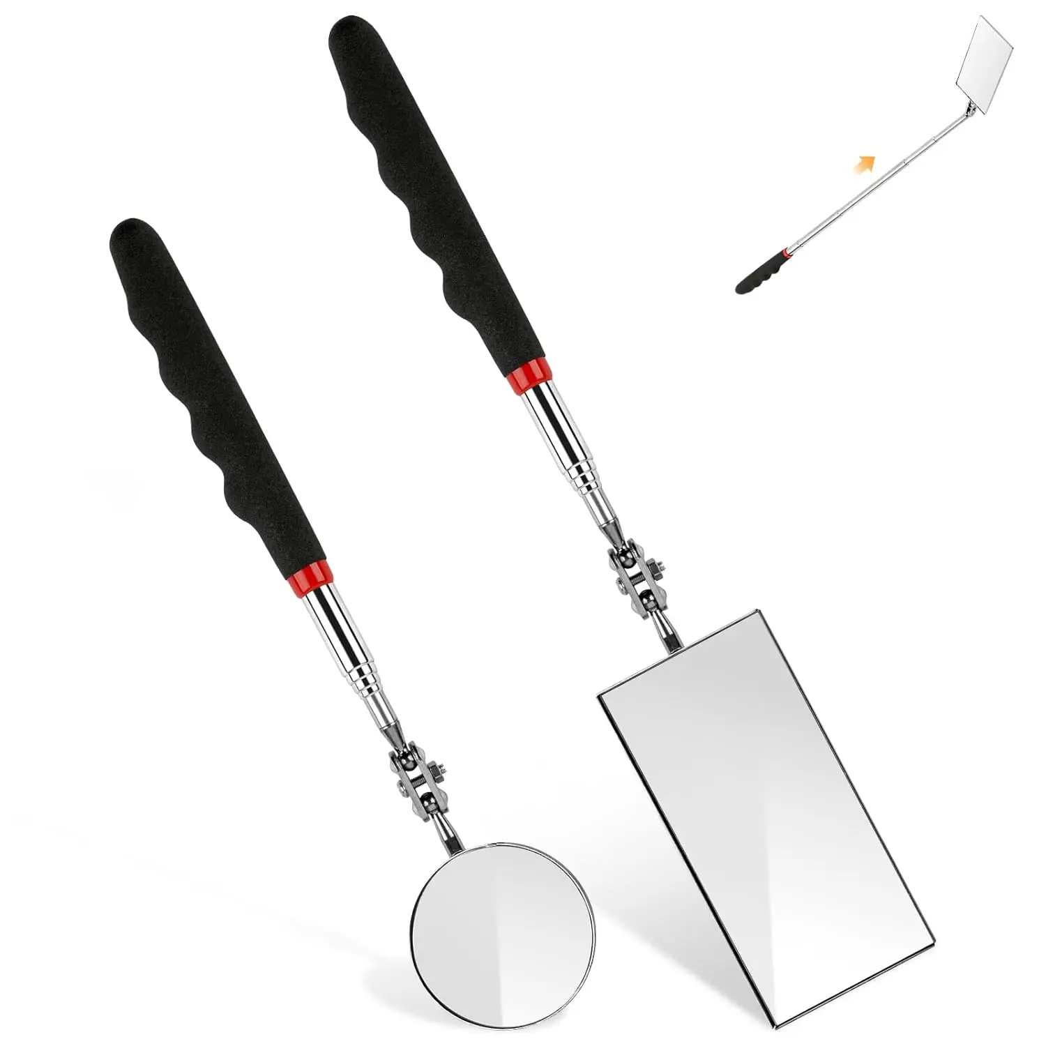 2-Pack Stainless Steel Telescoping Inspection Mirrors - Round & Rectangular Mechanic Mirrors, Extendable Reach, 360° Swivel Heads, Comfort Grip for All Vehicles Auto Repair, Home Inspection, Swivels 360°