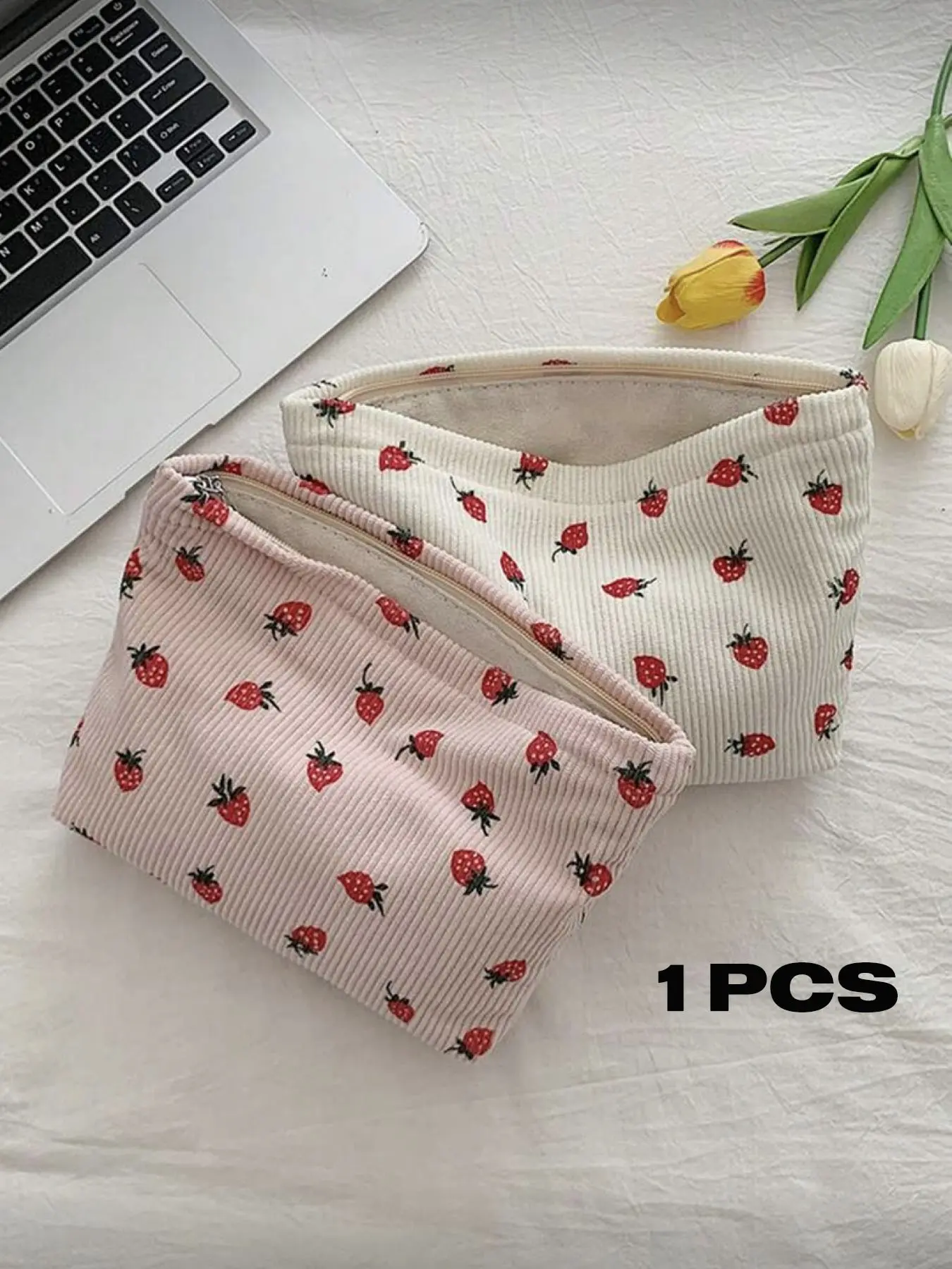 New Fashion Corduroy Strawberry Print Handbag, Large Capacity Casual Makeup Bag, Makeup Storage Bag, Makeup Pouch, Travel Organizer, Convenient for Lipstick, Brushes, Foundation