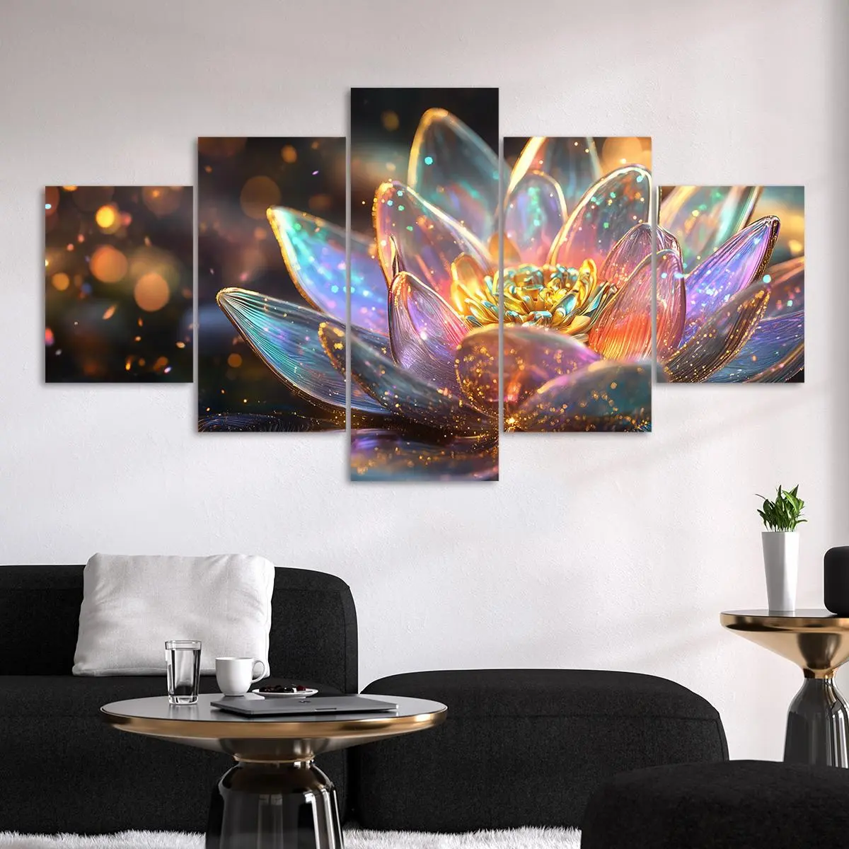 5 Counts Unframed Canvas Poster, Magic - Color Golden Lotus Poster, Exquisite Poster, Perfect Living Room Decoration, Modern Art, Fashion Family Poster, Wall Art Decoration, High-Definition Printing, Waterproof, Artwork, Flower Leaf Print, Artistic
