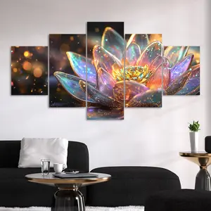 5 Counts Unframed Canvas Poster, Magic - Color Golden Lotus Poster, Exquisite Poster, Perfect Living Room Decoration, Modern Art, Fashion Family Poster, Wall Art Decoration, High-Definition Printing, Waterproof, Artwork