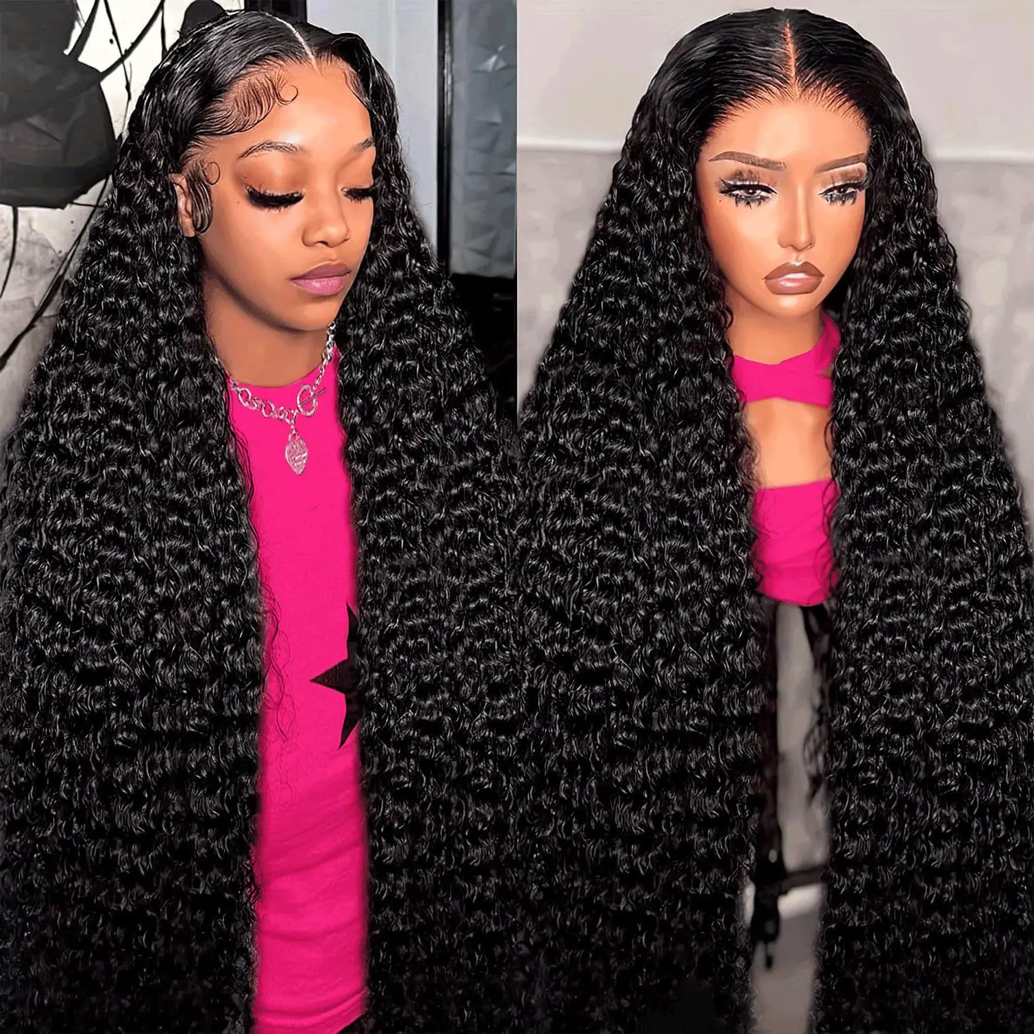 Subella 13x6 Deep Wave Lace Front Wigs Human Hair HD Full Lace Frontal Wigs Pre Plucked Bleached Knots 220% Density Deep Curly Human Hair Wig Natural Color