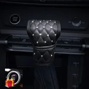Auto Shift Gear Cover, Leather Auto Gear Shift Knob Cover with Crystal Glitter Rhinestones for Girls,Lady Universal Fit (B-Black)