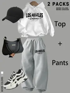 Women's Hooded Sweatshirt Set with Kangaroo Pocket & Fleece Lining, Los Angeles Letter Print, Casual Summer, Long Sleeve + Pants
