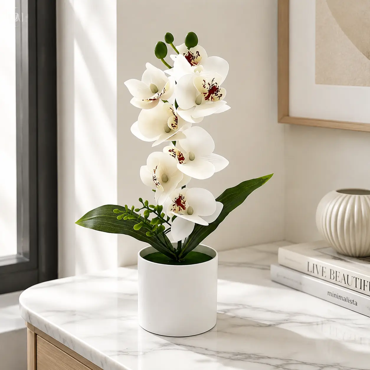 Handmade Crocheted Decorative Artificial Flower Bouquet - Real-Touch Phalaenopsis Orchids, Ivory Rose Small Potted Plant, UV-Resistant Faux Floral Decor for Home Living Room, Bedroom & Wedding Outdoor Centerpieces, Compact