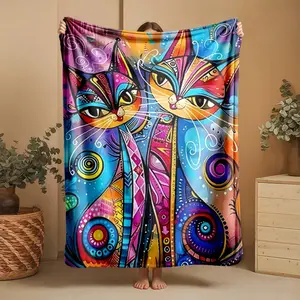 1 piece Colorful geometric style double cat artwork themed flannel blanket - Modern-style flannel blanket, suitable for sofas and beds, all-season use, super soft and comfortable, digital printing, 100% polyester material, machine washable