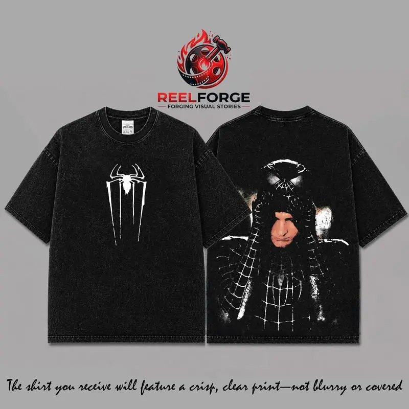 Spidey Inspired Oversized Black Washed Graphic T-Shirt Ver 3, Vintage Movie Actor Fan Tee, The Peter Shirt, Y2K Comic Style Streetwear Top, Black Cotton Unisex Tee, Retro Superhero Inspired Shirt, Gift for Movie Fans