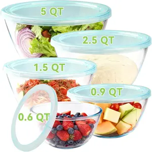 5-Piece Glass Mixing Bowl Set with Lids (5/2.5/1.5/0.9/0.6 Quart), Thick Glass Large Salad Bowl Set, Nestable Kitchen Bowls for Serving, Preparation, Cooking, and Baking, Dishwasher Safe, Oven and Microwave Safe
