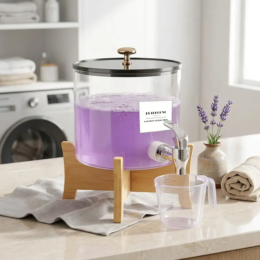 Laundry Detergent Dispenser Container with Shelf Stand Design Spouts Durable Plastic Material Container with Lid for Laundry Room Organization Organiser Multifunctional Storage For Liquid Detergent, Fabric Softener, Liquid Storage