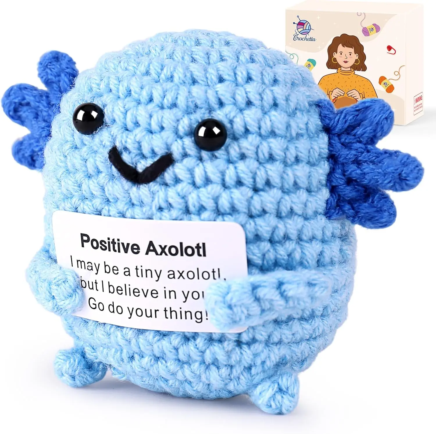 CROCHETTA Mini Handmade Yarn Axolotl Huggable Stuffed Animal - 2.5x2.3 in Kawaii Stuffed Animal, Quirky Decor, Unisex Emotional Support Toy, Sweet Gift for Any Reason with Affirmation Card