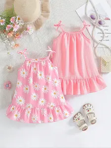 Two piece set 】 Baby girl dress, baby girl vacation style camisole dress set, floral dress and solid color dress, suitable for wearing in various scenarios such as vacation travel, daily gatherings, Valentine's Day gifts, Christmas, Baby Clothes Girl