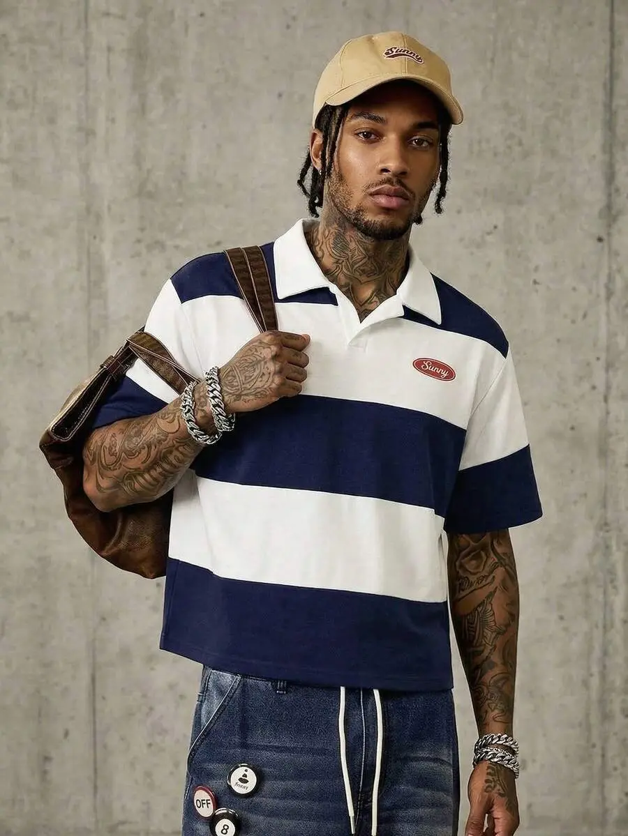 Men's Standard Size Polo Shirt, Short Sleeve, Blue & White Color Block With Embroidery, Summer Men's Casual Polo Men's Summer Outfit Vintage Style Men's Shirt Striped Polo Men Men's Summer Outfits, For Him