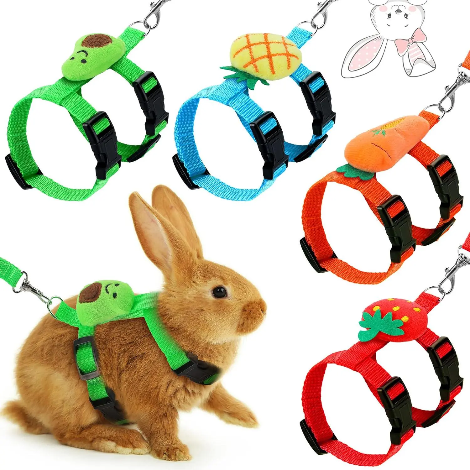 4 Pcs Cartoon Bunny Harness and Leash Set,Adjustable Escape-Proof Rabbit Vest with Avocado,Strawberry Toys,Small Pet Outdoor Walking Leash Set,Halloween Christmas Party Fathersdaygift