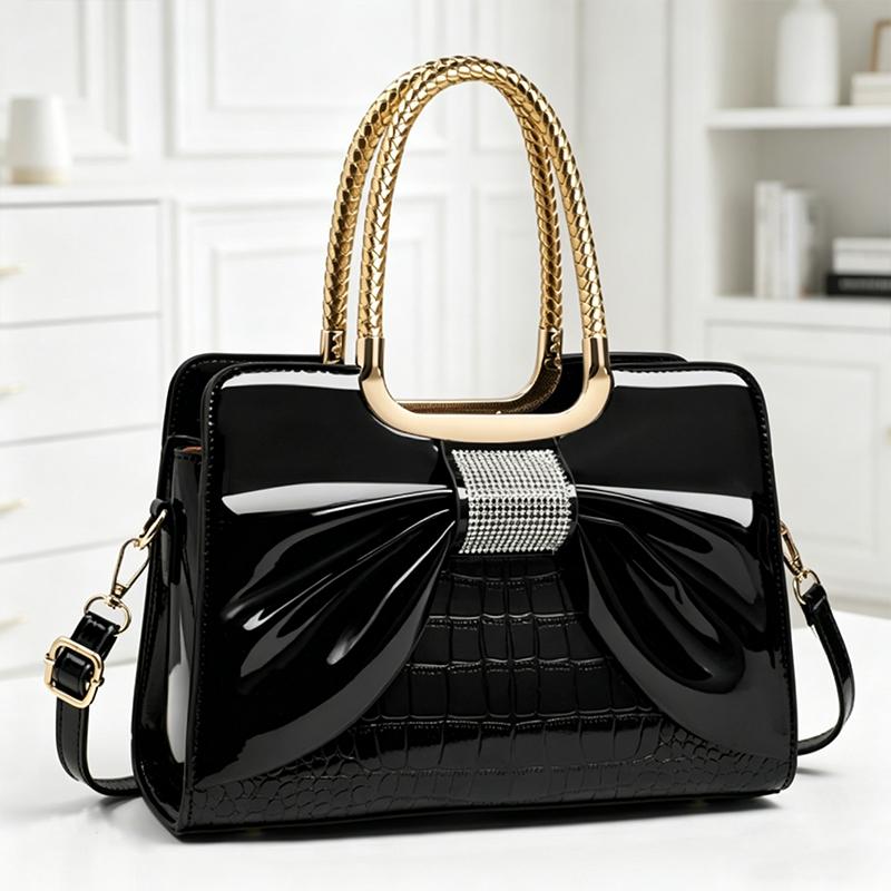 Women’s glossy leather handbag with top handle — medium-structured shoulder/handbag with adjustable strap