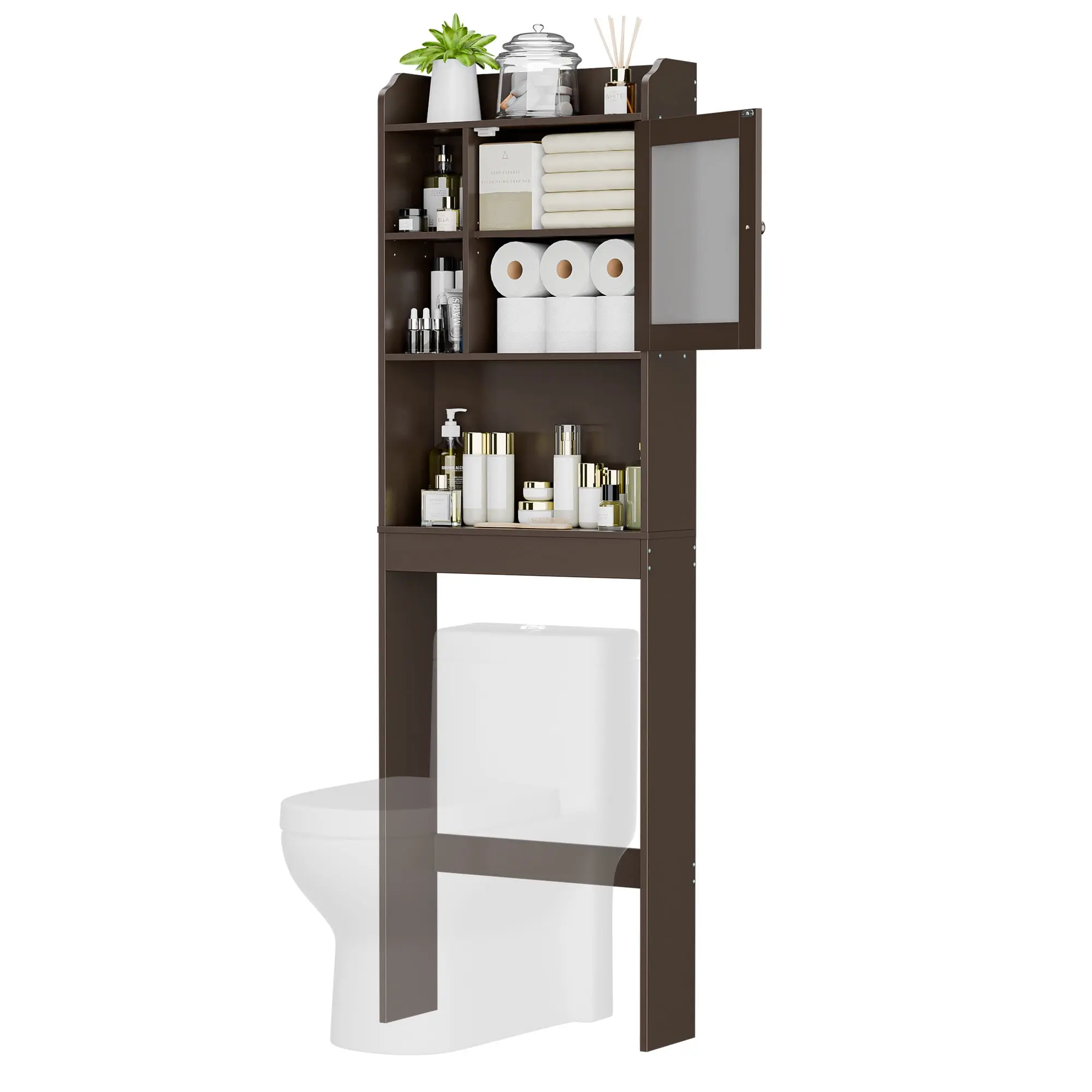 Brown Freestanding Over-The-Toilet MDF Wood Storage Cabinet - 68.3"H Single Unit Bathroom Upgrade, 3-Tier Durable Indoor Cupboard, Space-Saving Easy Assembly Required Furniture Solution, Storage Furniture, Easy Setup,back to school,back to school haul