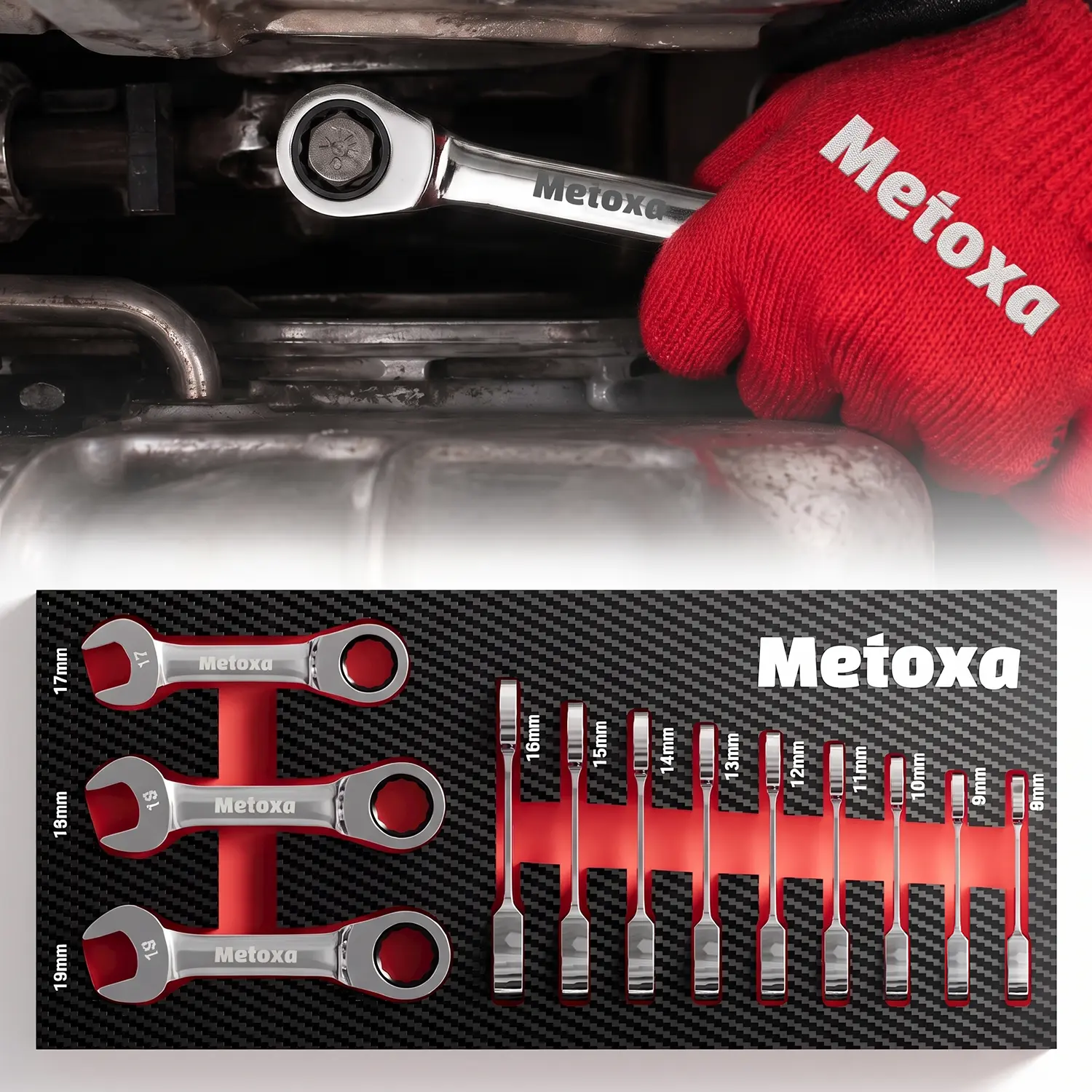 METOXA 12-Piece Metric Stubby Ratcheting Wrench Set, 8-19mm 90-Tooth CR-V Short Handle Combination Wrenches for Tight Spaces, Auto Repair, EVA Tray, Spanner Wrench, Tools And Gadgets