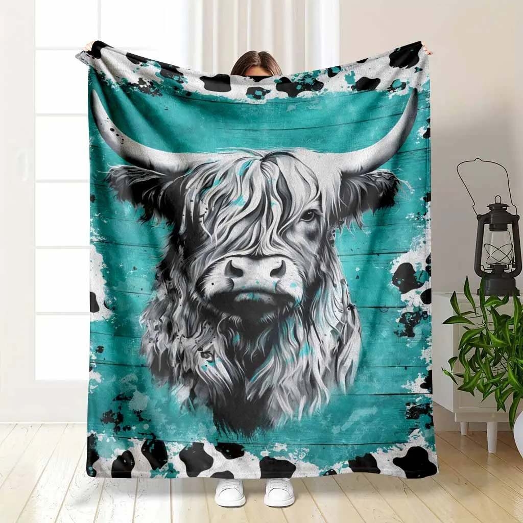 Highland Cow Flannel Blanket - Turquoise Abstract Animal Print, Soft Warm Lightweight, Wrinkle Resistant, Anti-Pilling, Color Stays Vivid Longer, Cozy Throw for Living Room Decor, Bedroom Sofa, Home Gift & Cozy Setup, Indoor/Outdoor
