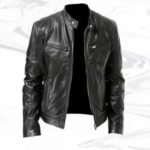 A black leather jacket with a stand collar, featuring a trendy cool style. The stand collar adds a touch of sophistication, while the glossy leather surface exudes confidence. The zipper is smooth and easy to operate, making it perfect for everyday street