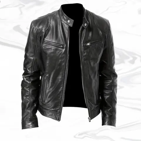 Men's Fitted Vegan Leather Long-Sleeve Biker Coat - Mens Clothing, Woven Stylish Stand Collar Glossy Top, Streetwear Clothing, Plain Casual Spring Daily Apparel, Vegan Leather Men's Lightweight Jacket, Father's Day Gift
