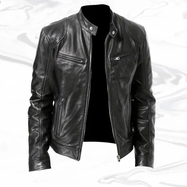 Men's Fitted Vegan Leather Long-Sleeve Biker Coat - Mens Clothing, Woven Stylish Stand Collar Glossy Top, Streetwear Clothing, Plain Casual Spring Daily Apparel, Vegan Leather Men's Lightweight Jacket, Father's Day Gift